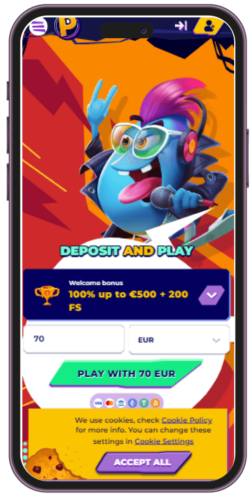 Cartoon character displayed on a mobile app screen, engaging in a colorful game environment.